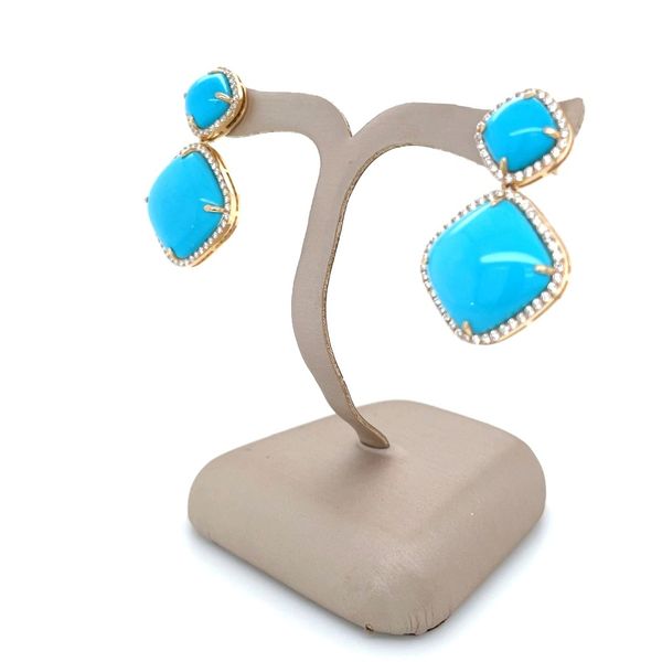 18KY Gold Cushion Sleeping Beauty Turquoise Dangle Earrings with Diamonds Image 5 Franzetti Jewelers Austin, TX