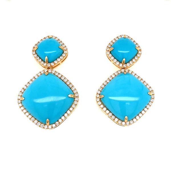 18KY Gold Cushion Sleeping Beauty Turquoise Dangle Earrings with Diamonds Franzetti Jewelers Austin, TX