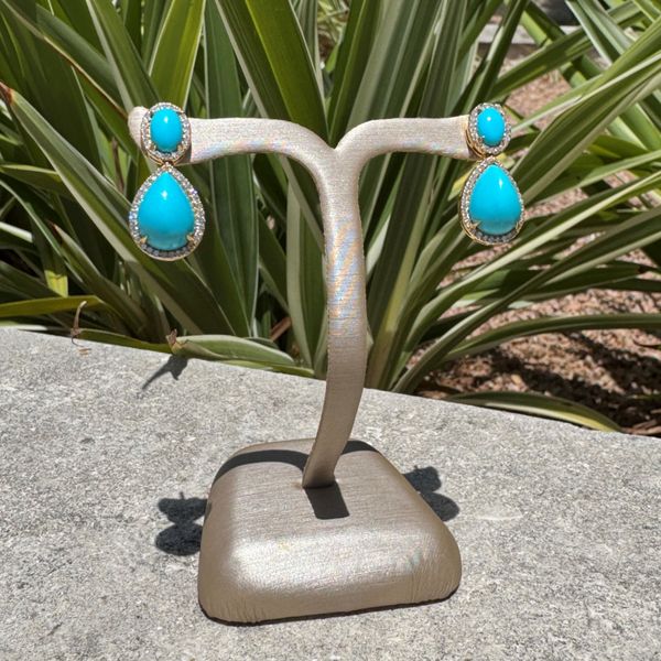 18KY Gold Oval & Pear Sleeping Beauty Turquoise Dangle Earrings with Diamonds Image 2 Franzetti Jewelers Austin, TX