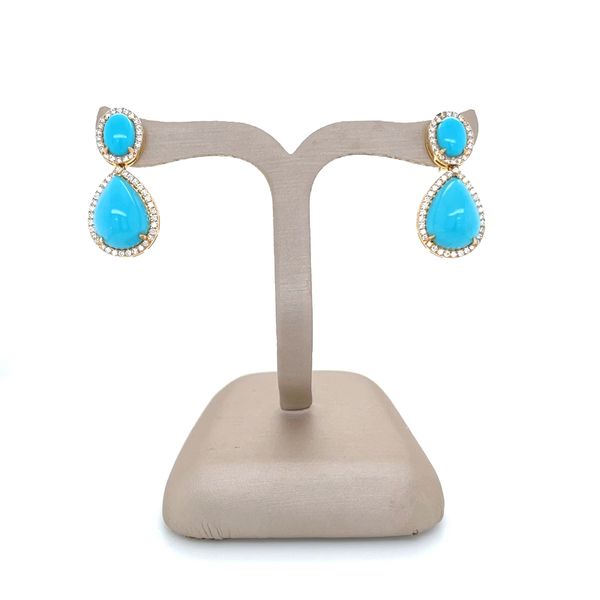 18KY Gold Oval & Pear Sleeping Beauty Turquoise Dangle Earrings with Diamonds Image 4 Franzetti Jewelers Austin, TX