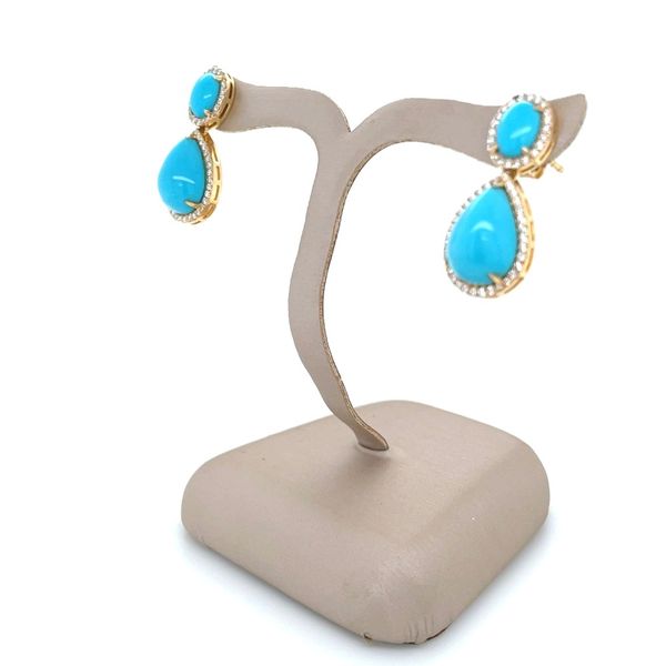 18KY Gold Oval & Pear Sleeping Beauty Turquoise Dangle Earrings with Diamonds Image 5 Franzetti Jewelers Austin, TX