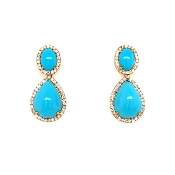 18KY Gold Oval & Pear Sleeping Beauty Turquoise Dangle Earrings with Diamonds Franzetti Jewelers Austin, TX