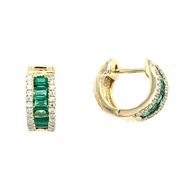 14KY Gold Emerald & Diamond 11.5 mm Huggie Hoop Earrings Franzetti Jewelers Austin, TX