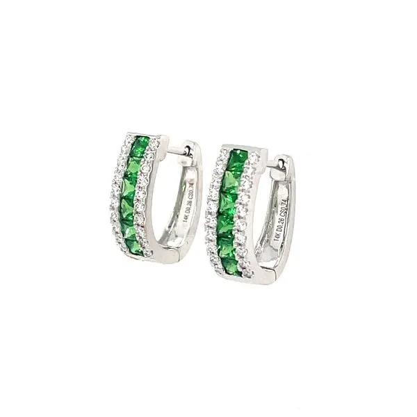 14KW Gold 2.2 mm Princess Cut Tsavorite Garnets & Diamonds Huggie Earrings Image 4 Franzetti Jewelers Austin, TX