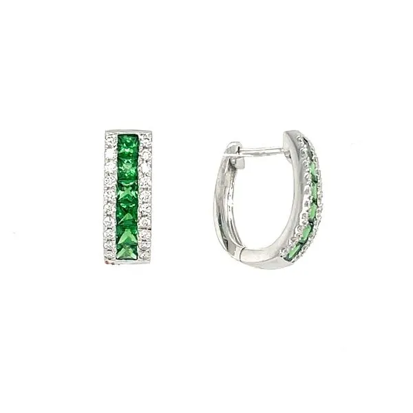 14KW Gold 2.2 mm Princess Cut Tsavorite Garnets & Diamonds Huggie Earrings Franzetti Jewelers Austin, TX
