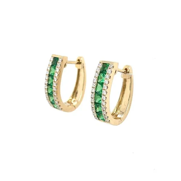 14KY Gold 2.6 mm Princess Cut Tsavorite Garnets & Diamonds Huggie Earrings Image 4 Franzetti Jewelers Austin, TX
