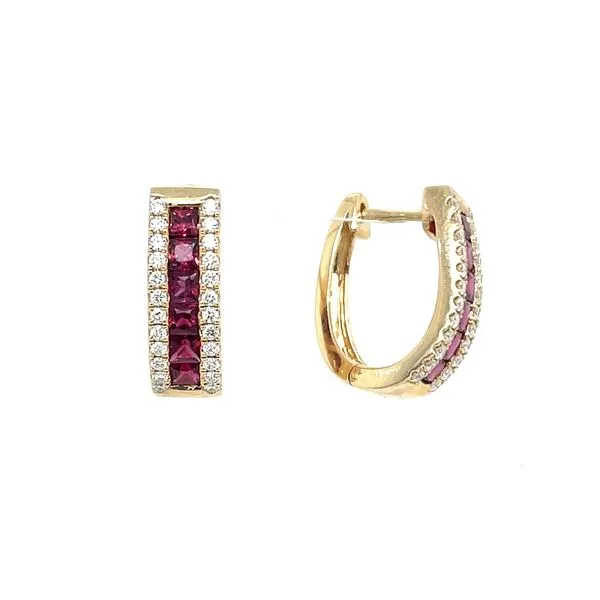 14KY Gold 2.3 mm Princess Cut Rubies & Diamonds Huggie Earrings Franzetti Jewelers Austin, TX