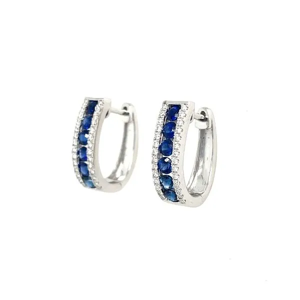 14KW Gold 2.8 mm Round Blue Sapphires & Diamonds Huggie Earrings Image 4 Franzetti Jewelers Austin, TX