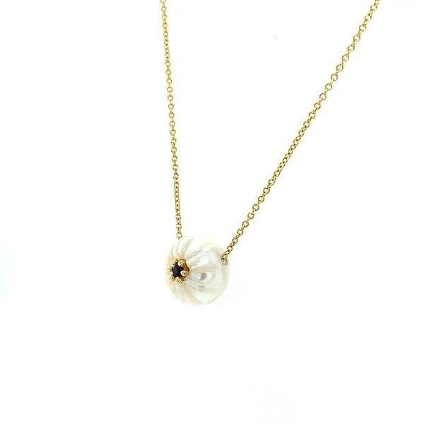 14KY Gold Carved Pearl with Sapphire Pendant on 18