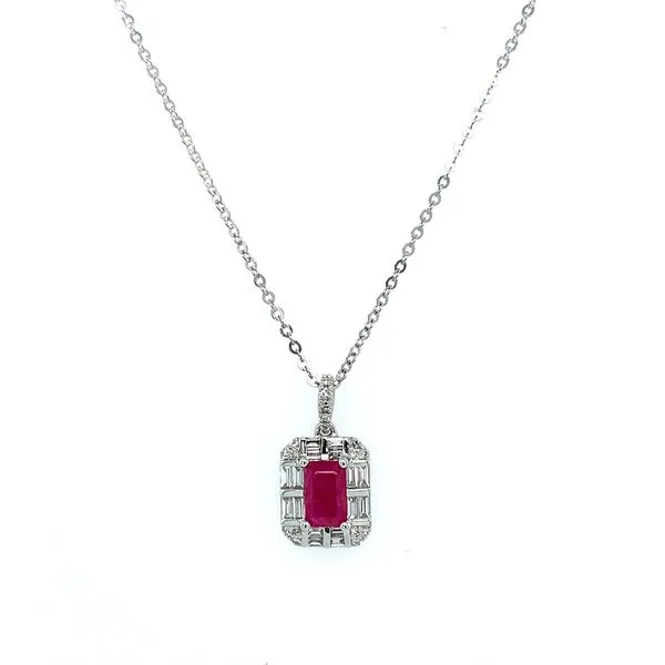 14KW Gold Ruby & Diamond Halo Pendant Necklace - 18