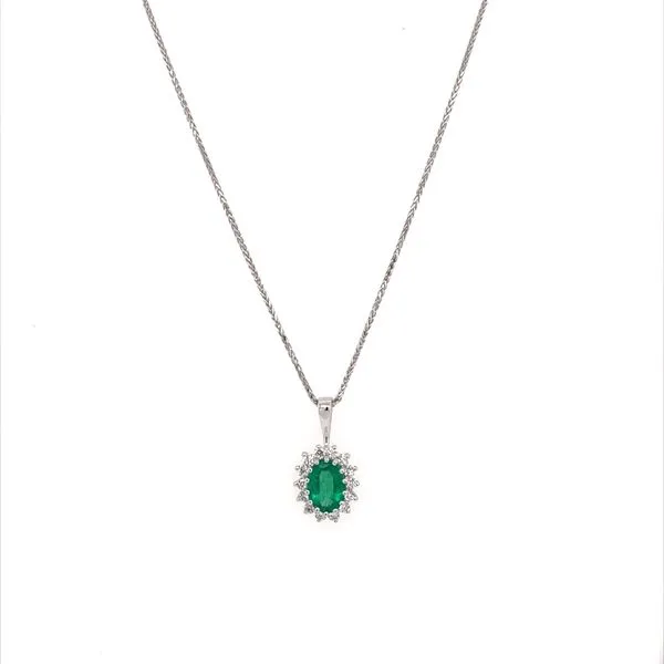 14KW Gold 7x5 mm Oval Emerald & Diamond Flower Pendant on 18