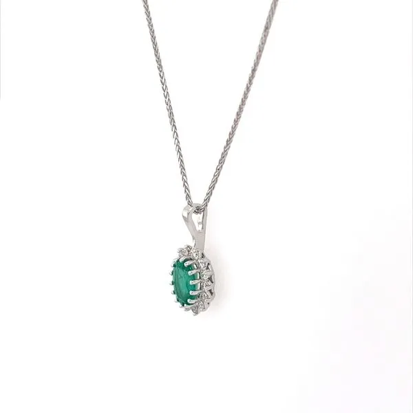 14KW Gold 7x5 mm Oval Emerald & Diamond Flower Pendant on 18