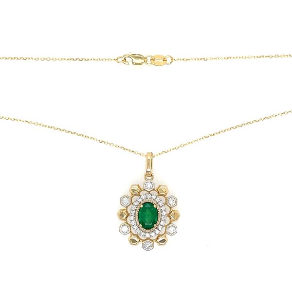 14K Gold Oval Emerald Pendant Encircled by Diamonds - 18