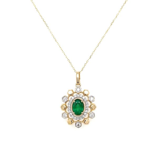 14K Gold Oval Emerald Pendant Encircled by Diamonds - 18