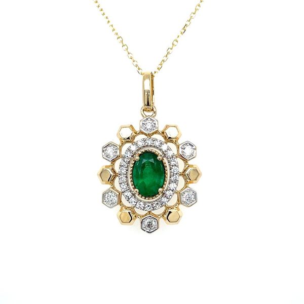 14K Gold Oval Emerald Pendant Encircled by Diamonds - 18