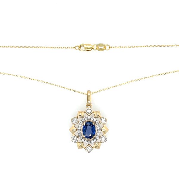 14K Gold Oval Sapphire Pendant Encircled by Diamonds - 18