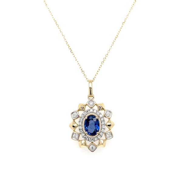 14K Gold Oval Sapphire Pendant Encircled by Diamonds - 18