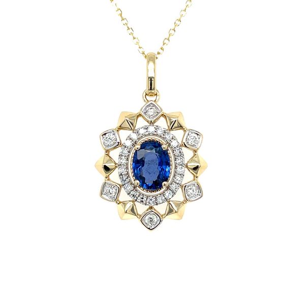 14K Gold Oval Sapphire Pendant Encircled by Diamonds - 18