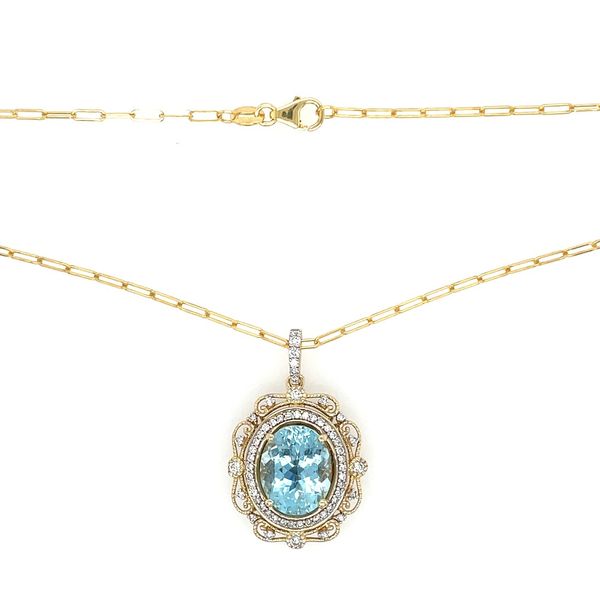 14K Gold Oval Aqua Pendant Encircled by Diamonds - 18