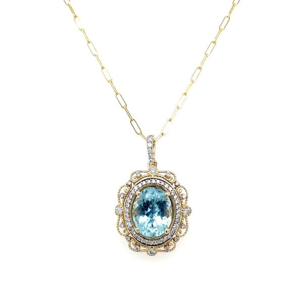 14K Gold Oval Aqua Pendant Encircled by Diamonds - 18