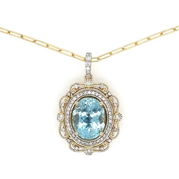 14K Gold Oval Aqua Pendant Encircled by Diamonds - 18