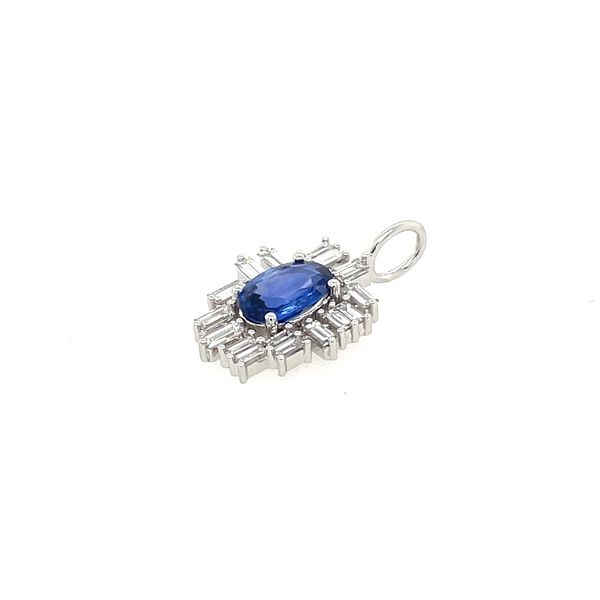 Platinum Oval Blue Sapphire & Baguette Diamond Pendant Image 4 Franzetti Jewelers Austin, TX