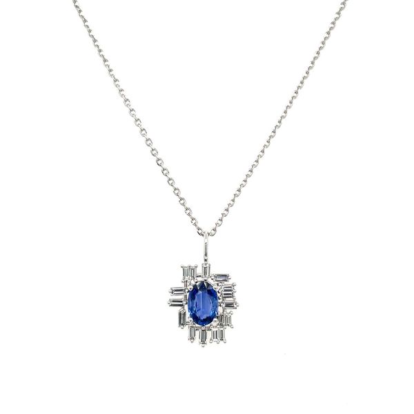 Platinum Oval Blue Sapphire & Baguette Diamond Pendant Image 5 Franzetti Jewelers Austin, TX