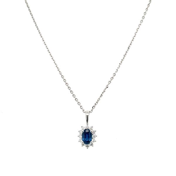 18KW Gold Oval Blue Sapphire & Diamond Flower Pendant Image 5 Franzetti Jewelers Austin, TX