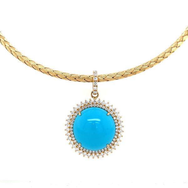 18KY Gold Round Sleeping Beauty Turquoise Pendant with Diamonds Image 2 Franzetti Jewelers Austin, TX