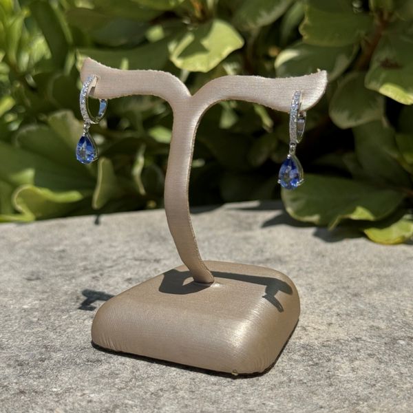 18KW Gold Pear Blue Sapphire Dangle Earrings with Diamonds Image 2 Franzetti Jewelers Austin, TX
