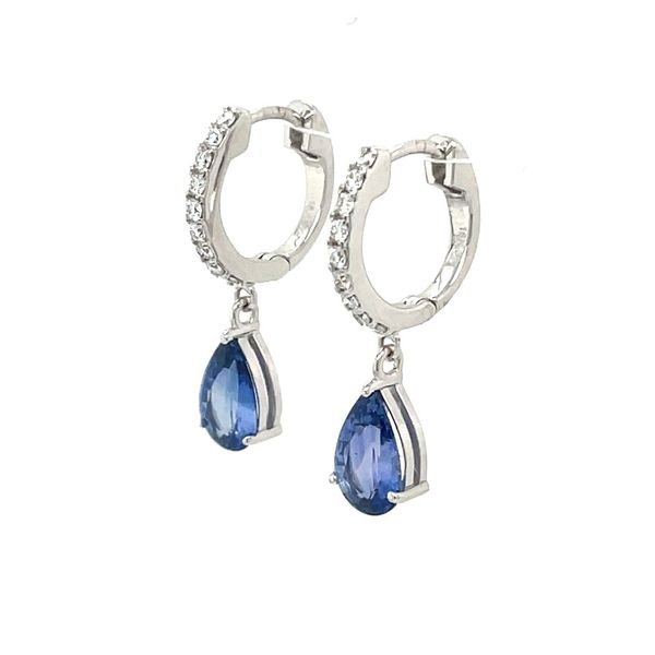 18KW Gold Pear Blue Sapphire Dangle Earrings with Diamonds Image 4 Franzetti Jewelers Austin, TX