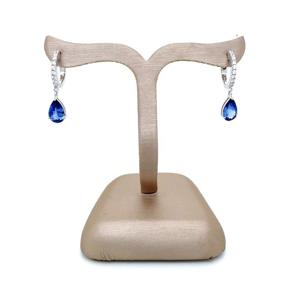 18KW Gold Pear Blue Sapphire Dangle Earrings with Diamonds Image 5 Franzetti Jewelers Austin, TX