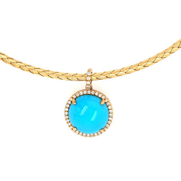 18KY Gold Round Sleeping Beauty Turquoise Pendant with Diamonds Image 2 Franzetti Jewelers Austin, TX