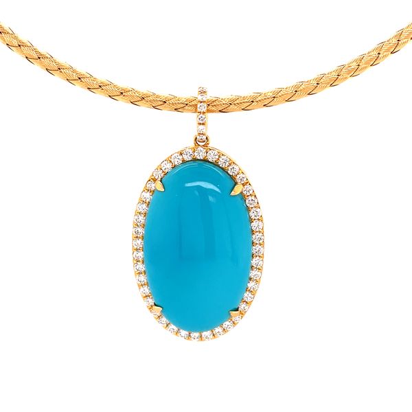 18KY Gold Large Oval Sleeping Beauty Turquoise Pendant with Diamonds Image 2 Franzetti Jewelers Austin, TX