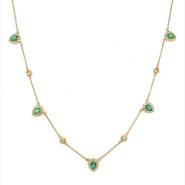 18KY Gold 5 Emerald & Accent Diamond Station Necklace 18
