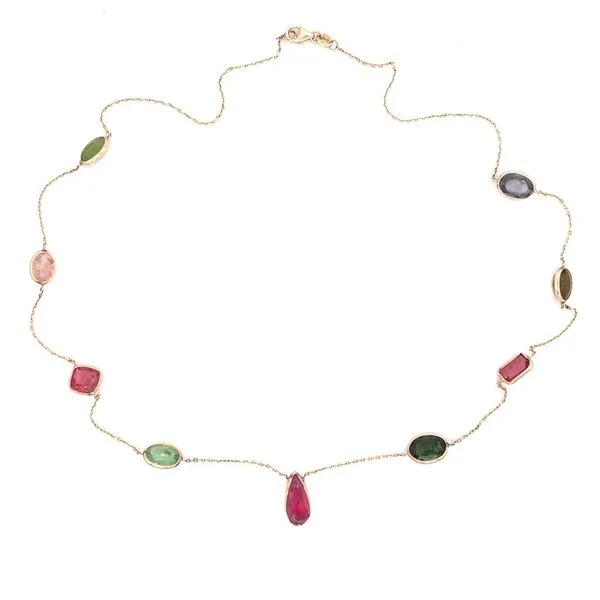 14KY Gold Multi Colored Tourmaline Gemstone Station Necklace 25.08 CTW 18