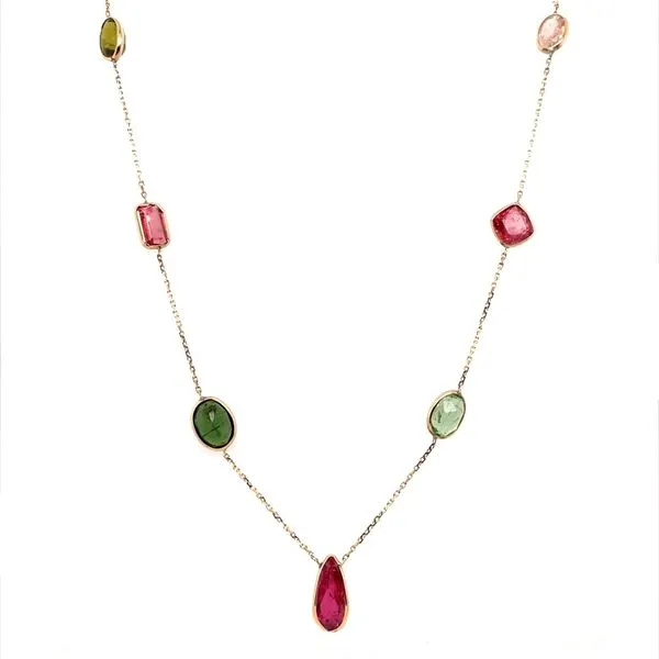 14KY Gold Multi Colored Tourmaline Gemstone Station Necklace 25.08 CTW 18