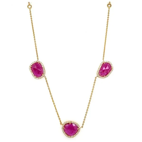 18KY Gold 3 Ruby Gemstone Station Necklace 17.75