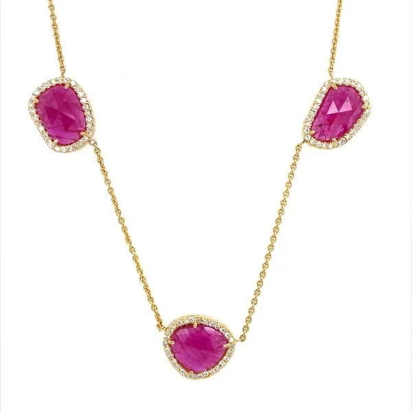 18KY Gold 3 Ruby Gemstone Station Necklace 17.75