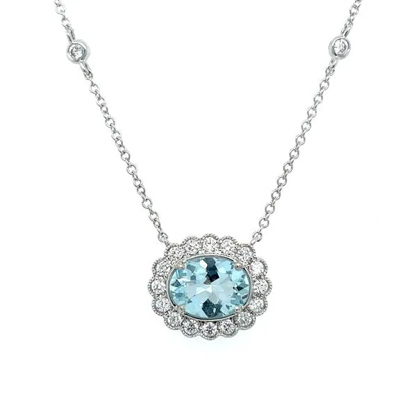 14KW East-to-West Set Oval Aqua & Diamonds Necklace 18
