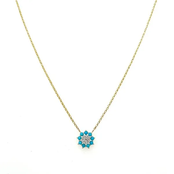 14KY Gold Flower Shape Turquoise & Diamond Necklace 18