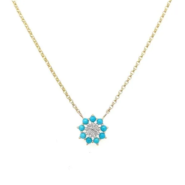 14KY Gold Flower Shape Turquoise & Diamond Necklace 18
