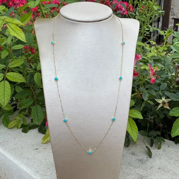 14KY Gold Milgrained Bezel Set Turquoise Station Necklace 18