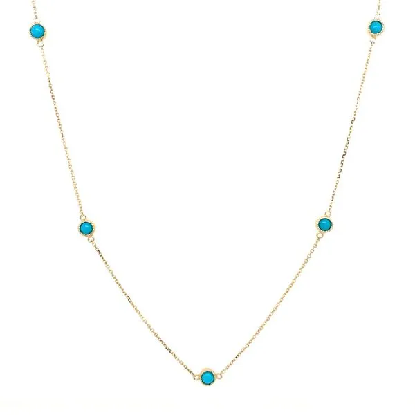14KY Gold Milgrained Bezel Set Turquoise Station Necklace 18