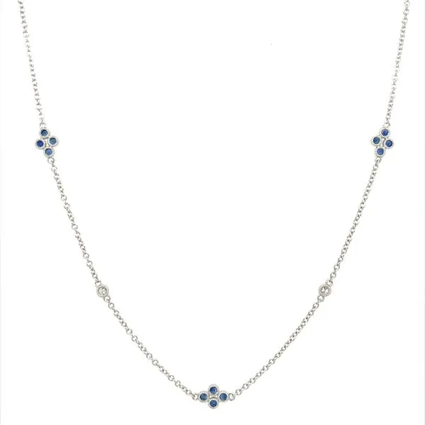 14KW Gold 5 Clover Station Sapphire & Diamond Necklace 18