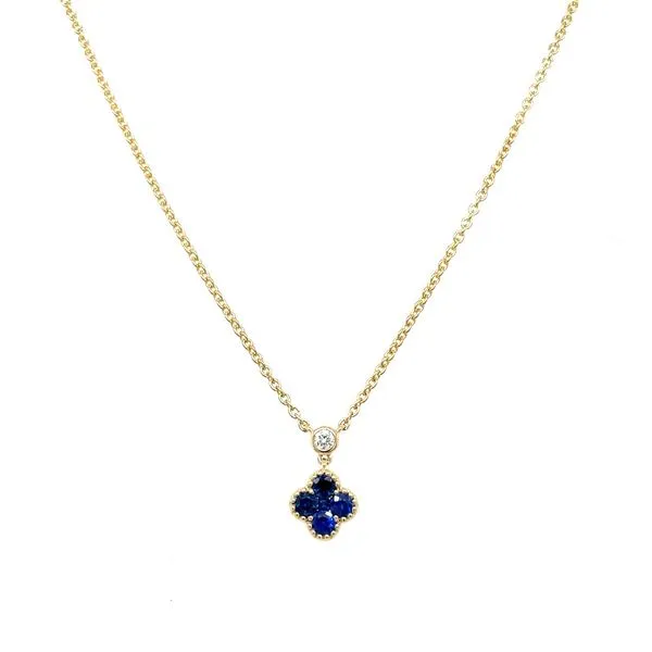 14KY Clover Motif Sapphire & Diamond Necklace 18