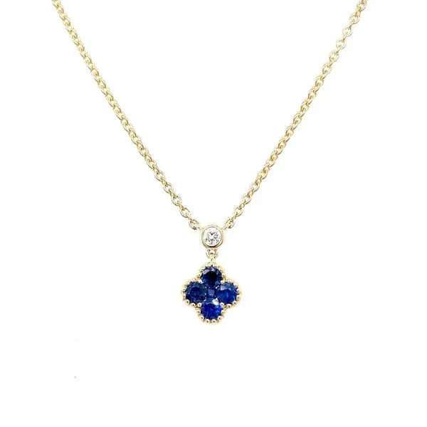 14KY Clover Motif Sapphire & Diamond Necklace 18