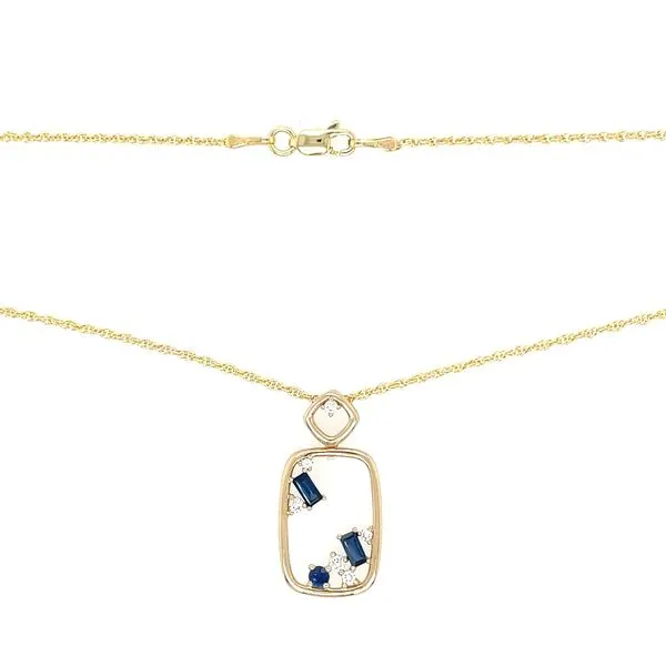 14KY Open Rectangular Cushion Shape with Sapphires & Diamonds Necklace 18