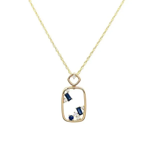 14KY Open Rectangular Cushion Shape with Sapphires & Diamonds Necklace 18