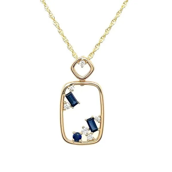 14KY Open Rectangular Cushion Shape with Sapphires & Diamonds Necklace 18
